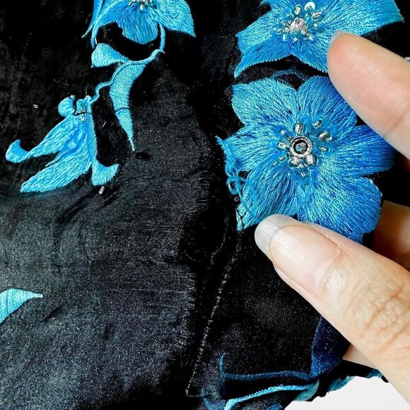 Vintage Black Blue Floral Beaded Strapless Maxi Bodycon Prom Dress Size XXS/XS - Picture 7 of 8